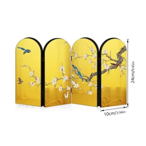 Mini 4-panel folding screen desktop decoration Chinese style gold flower bird decor
