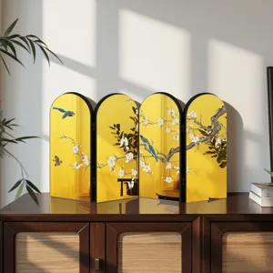 Mini desktop folding screen mirror, Chinese style plum blossom bird decorative ornament table.
