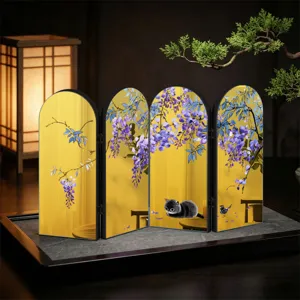 Desktop mini folding screen detail, Chinese style acrylic mirror wisteria cat pattern decor.