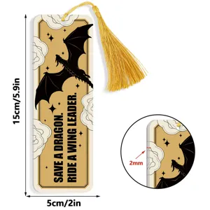 Acrylic dragon bookmark detail showing 2mm thickness, 15x5cm size with golden tassel.