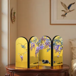 Creative Chinese style mirror folding screen tabletop decoration with wisteria cat pattern.