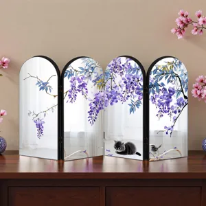 Decorative acrylic folding screen with traditional Chinese wisteria and cute cat tabletop decor.