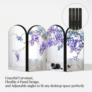 Mini 4-panel desktop screen detail, wisteria and cat pattern, adjustable folding partition.
