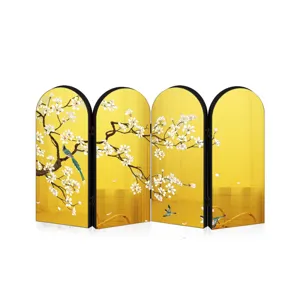 Traditional Chinese style golden mirror folding screen desktop ornament with flower bird art.