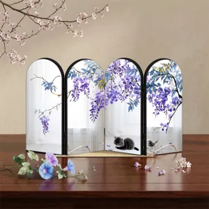 Desktop mini folding screen ornament with Chinese watercolor wisteria and cat pattern detail.