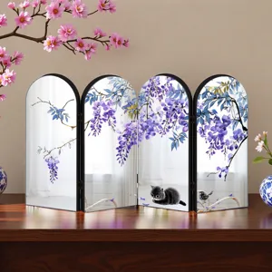 Decorative mini folding screen desktop ornament featuring traditional Chinese wisteria floral art.