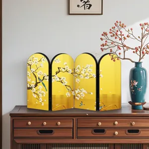 Exquisite Chinese style desktop folding screen detail, gold mirror finish with plum art.