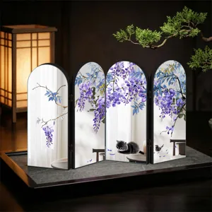 Detailed view of the Chinese style folding screen desk decor featuring wisteria and cat.