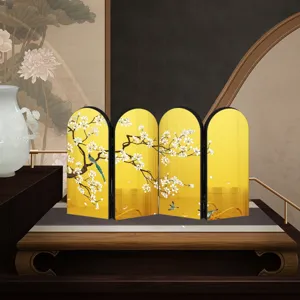 Exquisite miniature Chinese folding screen ornament, showcasing detailed plum blossom patterns.