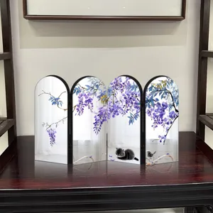 Chinese style acrylic mirror folding screen desktop ornament with elegant wisteria floral art.