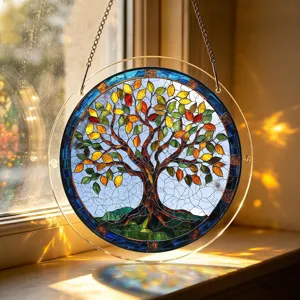 Acrylic tree of life suncatcher window hanging detail, colorful stained glass style decor.