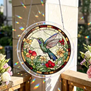 Stunning hummingbird stained glass acrylic suncatcher detail hanging for window decor.