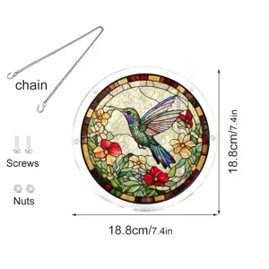 Round acrylic stained glass hummingbird suncatcher window hanging with chain and screws