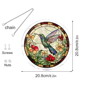 Stained glass hummingbird acrylic suncatcher window hanging with chain and installation screws.