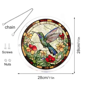 Stained glass style acrylic hummingbird suncatcher with chain and screws, 28cm window decor.