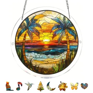 Attrape-soleil puzzle en verre teinté acrylique rond avec design plage coucher soleil palmier.