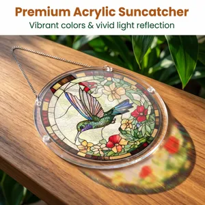 Detailed view of acrylic suncatcher featuring vibrant hummingbird stained glass design.