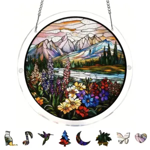 Acrylic stained glass mountain landscape suncatcher puzzle window hanging decoration with chain