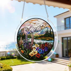 Acrylic suncatcher window hanging detail, stained glass floral mountain landscape design for home.