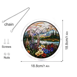 Stained acrylic window hanging suncatcher with mountain and flower landscape, 18.8cm