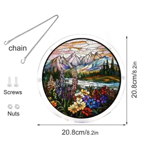 Round acrylic stained glass suncatcher window hanging with chain and mounting accessories.