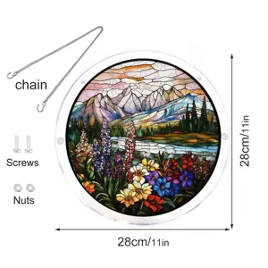 Detailed view of round acrylic window suncatcher with hanging chain, screws, and nuts.
