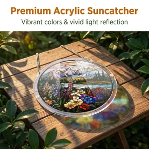 Detail view of round acrylic suncatcher with floral landscape hanging on wooden table outdoors.
