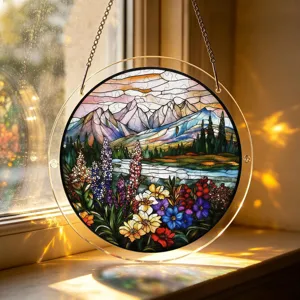 Acrylic stained glass suncatcher window hanging with mountain forest wildflower decor.