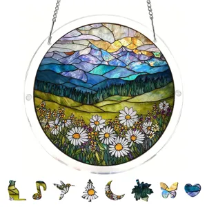 Acrylic stained glass suncatcher puzzle window hanging with mountain forest daisy landscape.