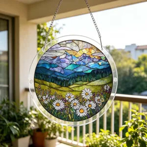 Round acrylic suncatcher window hanging with beautiful mountain and daisy flower landscape.