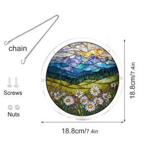 Stained glass style mountain and daisy acrylic suncatcher hanging window decoration with chain.