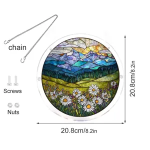 Round acrylic suncatcher window hanging with chain and screws, floral mountain pattern, 20.8cm