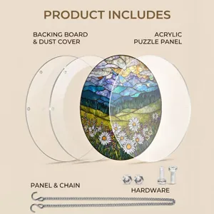 Acrylic suncatcher puzzle window hanging detail showing panel board chain and hardware components.