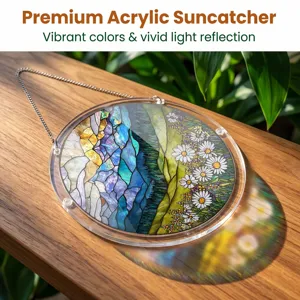 Premium round acrylic suncatcher with vibrant stained glass landscape and floral daisy design.