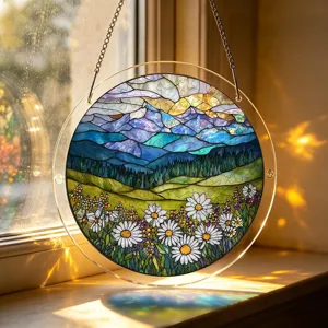 Acrylic suncatcher window hanging with stained glass mountain daisy landscape decor for home.