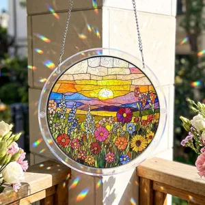 Acrylic stained glass suncatcher window hanging with colorful floral sunset landscape design.