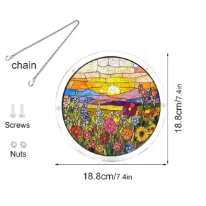 Acrylic stained glass floral suncatcher hanging detail view with chain and screws.
