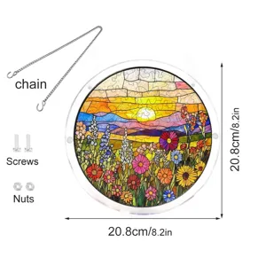 Stained glass floral sunset acrylic suncatcher hanging ornament with chain and fixing screws.