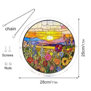 Round acrylic suncatcher window hanging with beautiful floral sunset design, 28cm size