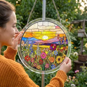 Close-up detail of the colorful acrylic stained glass sunset flower puzzle hanging suncatcher.