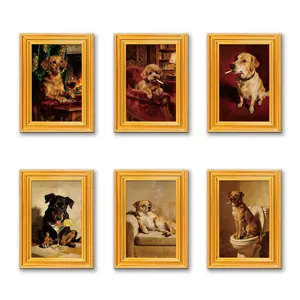 Lustiger Hund Kühlschrankmagnet Retro Goldener Holzbilderrahmen Süße Tierkunst Ölgemälde Heimküche Dekor