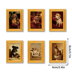 Lustige Hunde Porträt Holz Kühlschrankmagnete Set, Vintage Goldrahmen Heimdeko 6x8cm.
