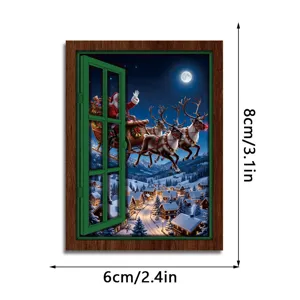 Christmas window scene refrigerator magnet detail shot showing Santa and reindeer flying.