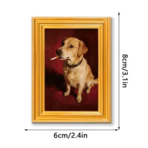 Antiker Holz Kühlschrankmagnet mit lustigem rauchenden Hund Ölgemälde, Goldrahmen.