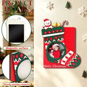 Christmas wooden photo frame with magnetic surface, festive stocking design, detailed view.