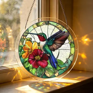 Acrylic hummingbird suncatcher detail, hanging window decor with vibrant flowers and chain.