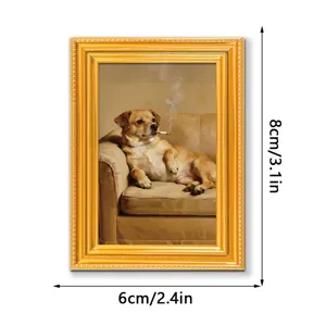 Lustiger Hund raucht Ölgemälde Kühlschrankmagnet Vintage Stil 3D Holz Bilderrahmen Heimdeko