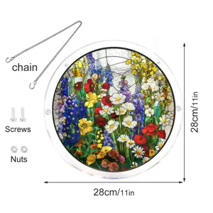 Acrylic stained glass window hanging suncatcher detail view with chain and screws hardware