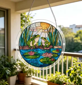 Detailed close-up view of a vibrant stained acrylic frog suncatcher hanging on sunny balcony.
