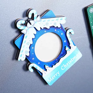 Christmas wooden magnetic photo frame fridge magnet, cute snowman holiday decor detail.